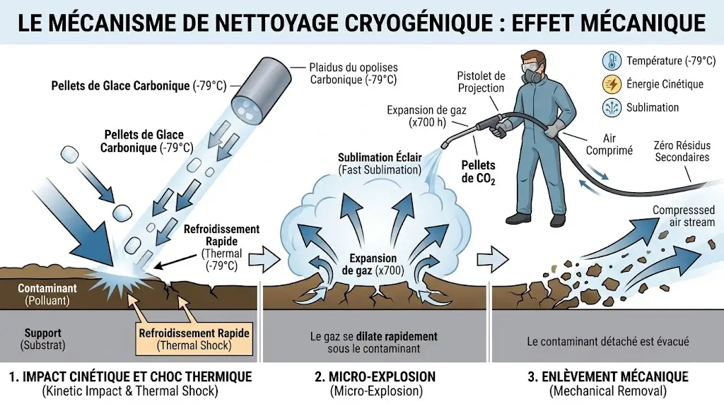 Schéma explicatif du nettoyage cryogénique par projection de glace carbonique montrant le choc thermique et l'effet mécanique d'arrachement des résidus sur une surface métallique.