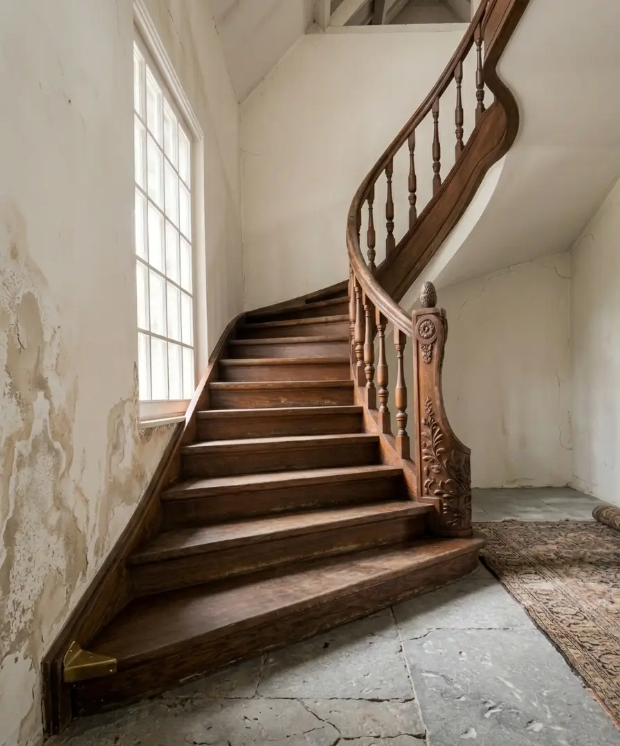 Escalier en bois teinte noyer avec balustres tournés et newel sculpté, lumière douce naturelle