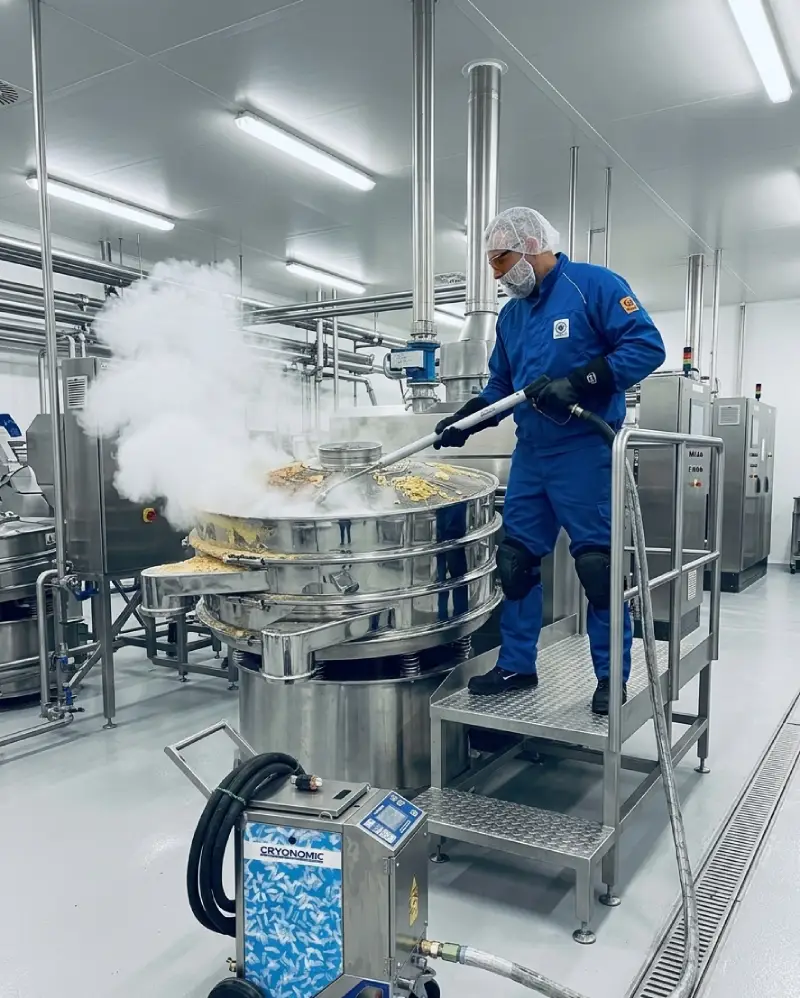 Nettoyage industriel cryogénique à sec par projection de carboglace (CO2) sur une tamiseuse vibrante en inox par un technicien en tenue d'hygiène dans une usine agroalimentaire.