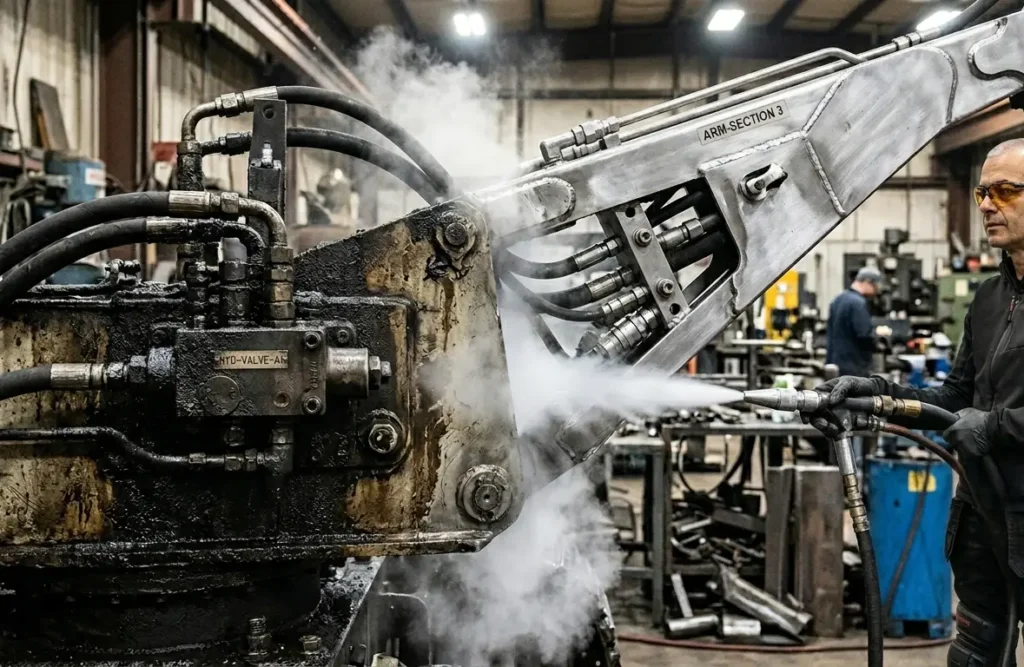 Technicien utilisant une buse de projection de glace sèche pour nettoyer un bras hydraulique industriel encrassé. Contraste entre la partie métallique propre et la zone couverte de graisse noire.