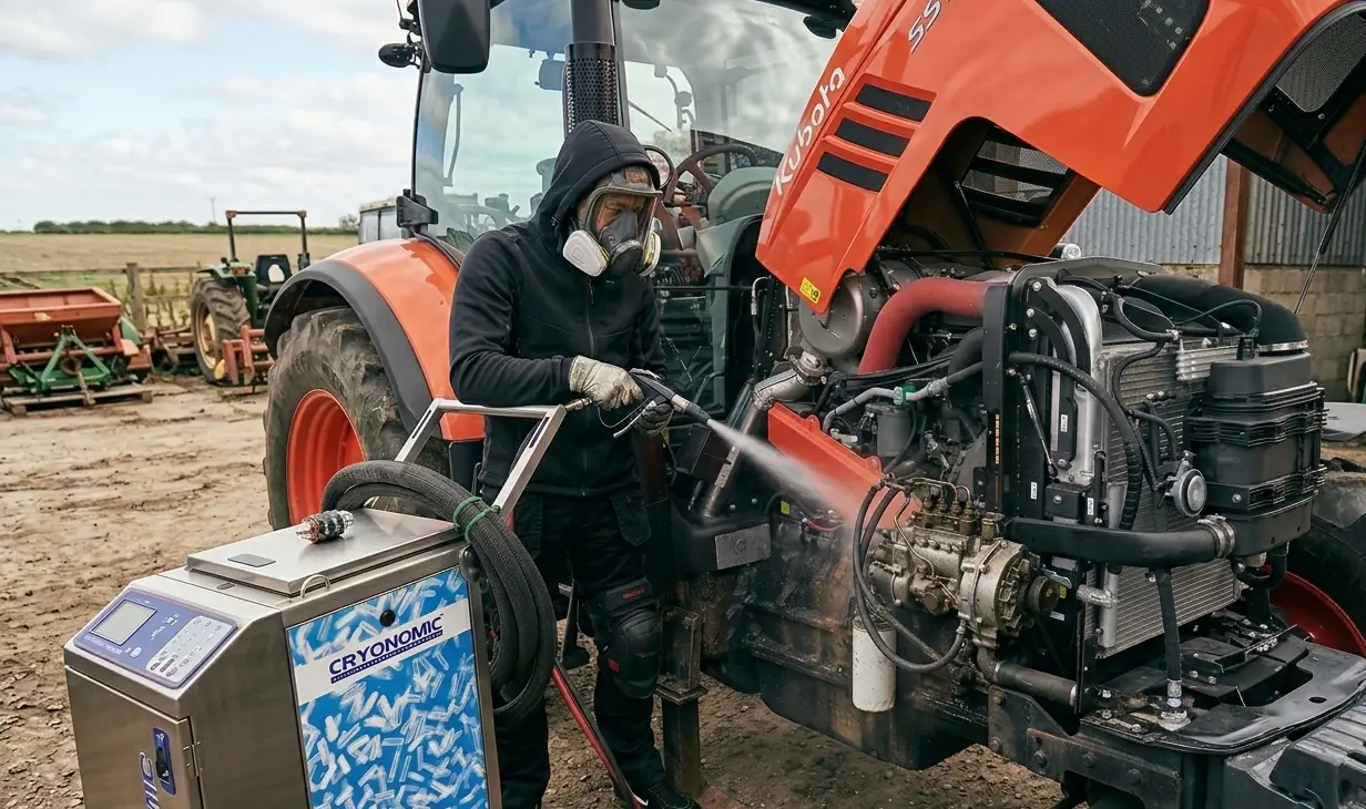 Un technicien surface reborn portant un masque respiratoire et des gants utilise une buse de projection de glace carbonique pour nettoyer le moteur exposé d'un tracteur Kubota orange dans une ferme. À côté de lui se trouve une machine de nettoyage cryogénique Cryonomic.