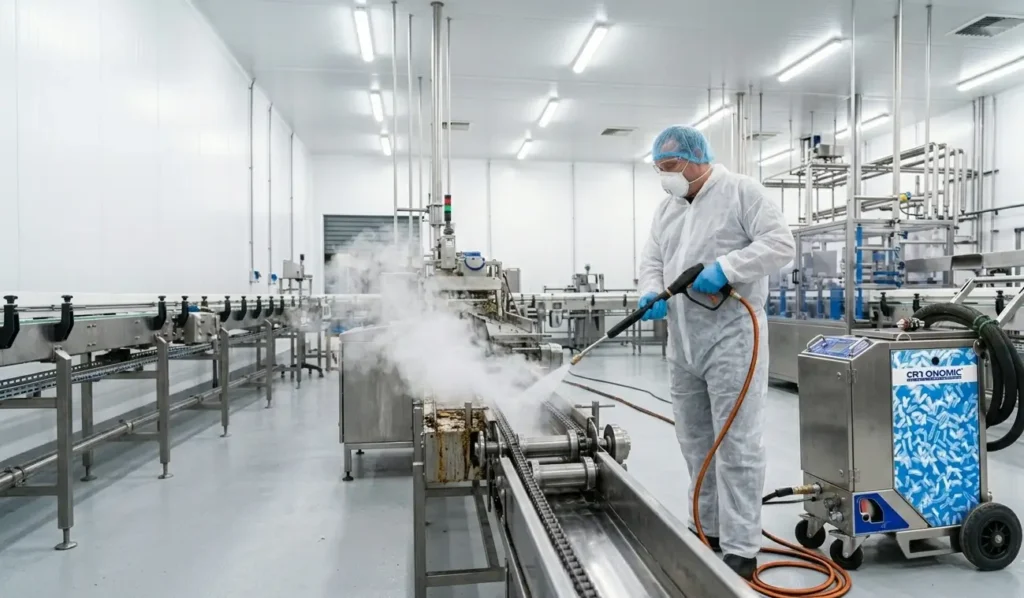 Technicien Surface Reborn en tenue blanche effectuant un nettoyage cryogénique CO₂ sur un tapis roulant en acier inoxydable dans une usine agroalimentaire