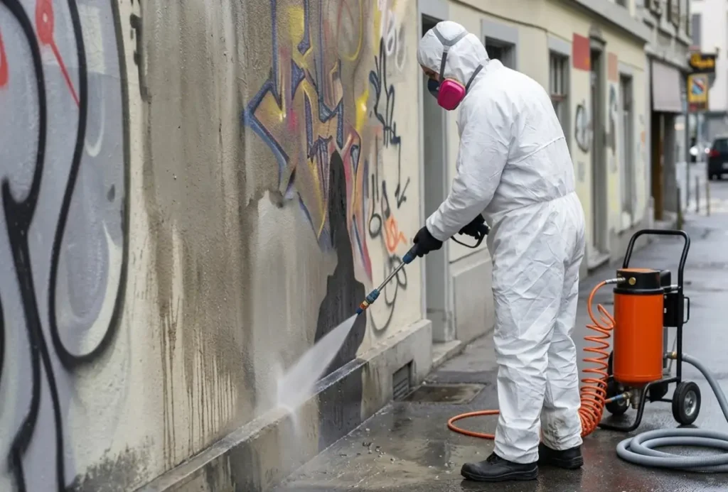 Technicien en combinaison de protection blanche utilisant un jet haute pression pour effacer des graffitis sur un mur en béton dans une rue citadine.
