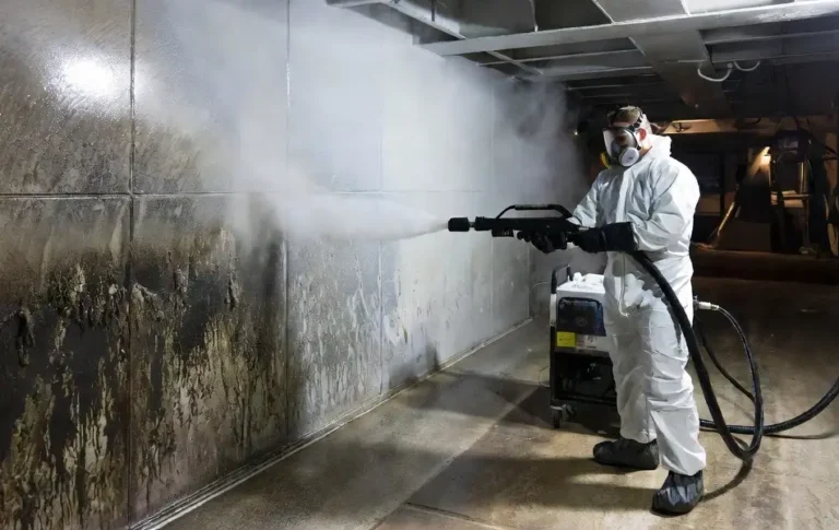 Technicien en combinaison de protection effectuant un sablage cryogénique (dry ice blasting) sur les parois en acier d’une cale alimentaire de péniche cargo