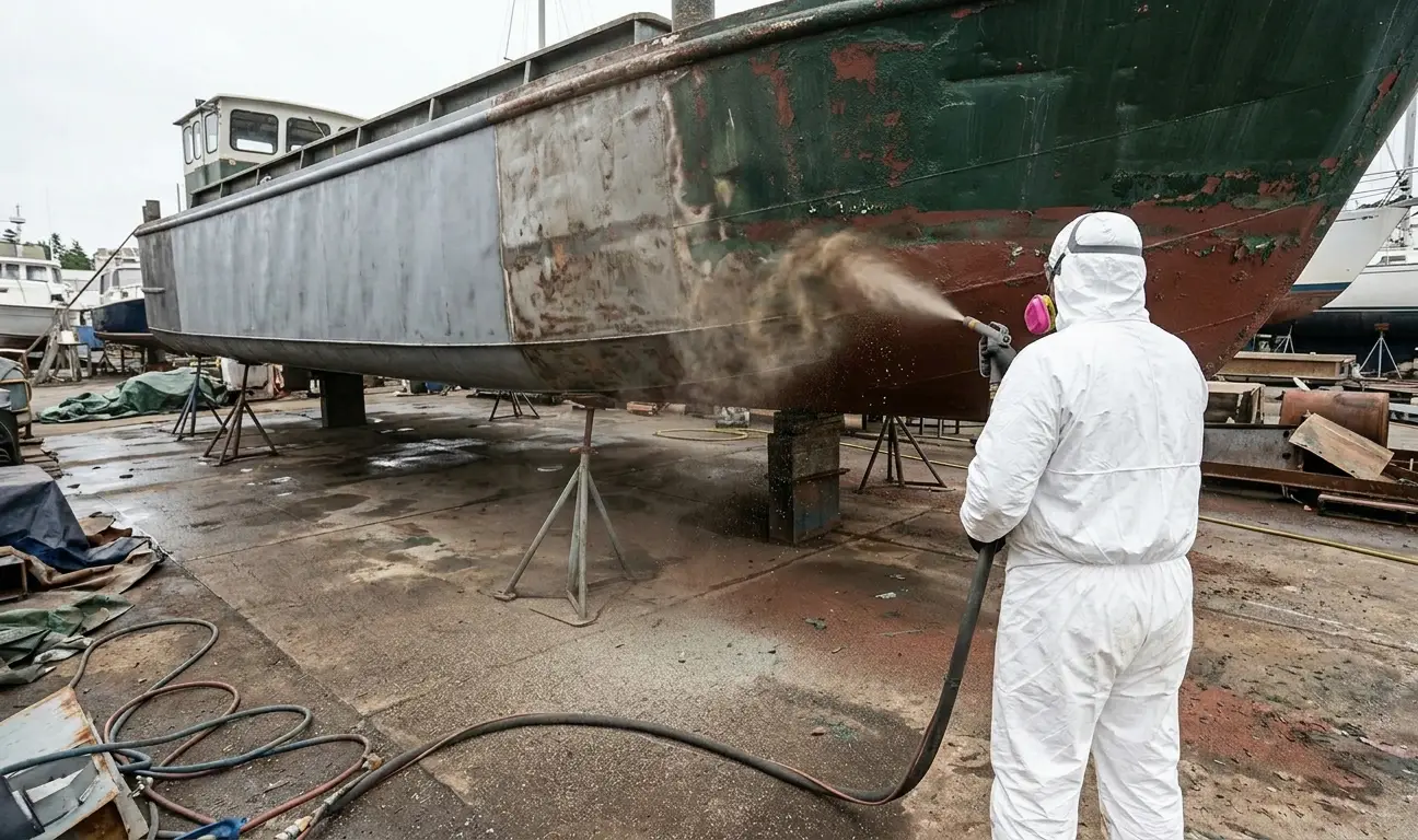 Homme en combinaison de protection qui effectue un sablage haute pression sur la coque d’un bateau en acier rouillé dans un chantier naval