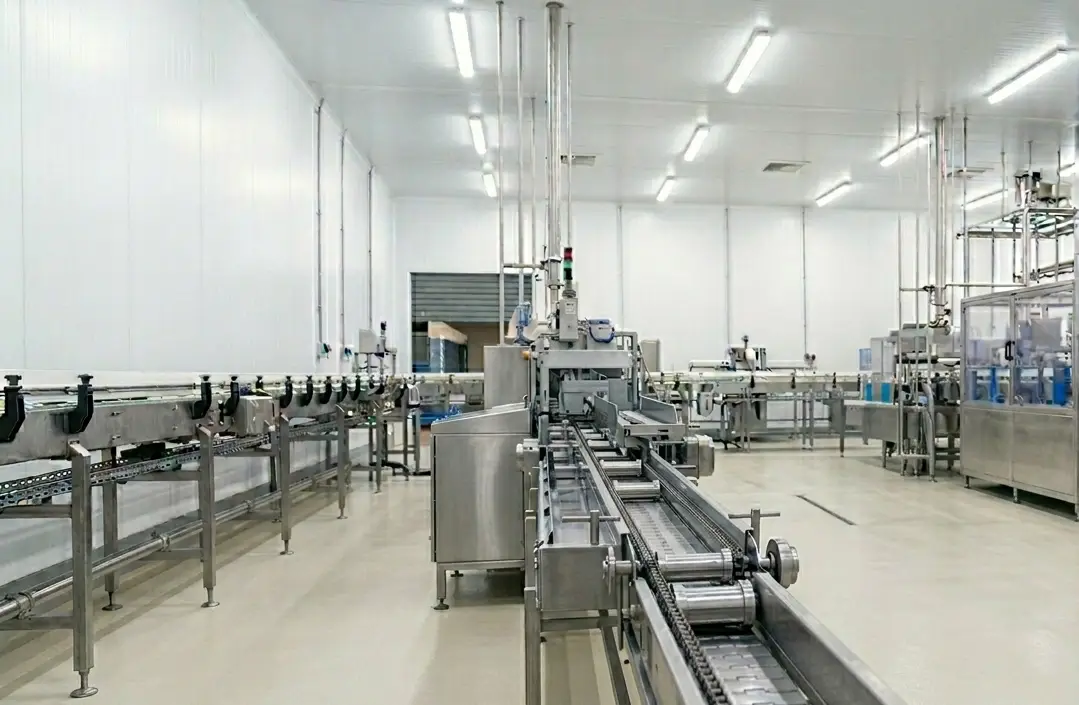 Tapis roulant en acier inoxydable parfaitement propre après intervention nettoyage cryogénique CO₂ Surface Reborn en usine agroalimentaire