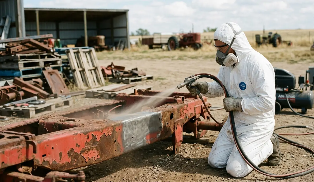 Une photo d'un technicien portant une combinaison de protection blanche, un masque respiratoire et des gants, à genoux et effectuant un sablage abrasif avec un pistolet sur le châssis métallique rouge fortement rouillé d'une machine agricole dans un décor de ferme en plein air. Le jet de média abrasif élimine la rouille, révélant le métal nu en dessous.