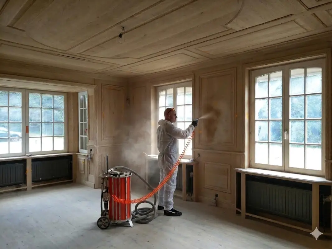Un artisan en combinaison de protection utilise une aérogommeuse IBIX avec un compresseur rouge pour décaper des boiseries murales et un plafond mouluré anciens dans une grande pièce en rénovation.