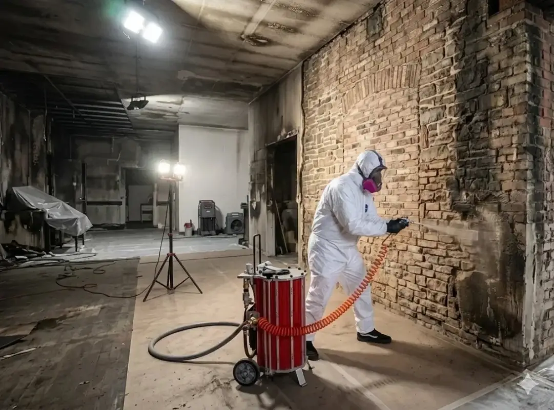 Un professionnel en combinaison de protection intégrale blanche, masque respiratoire et gants, en train de décaper un mur de briques endommagé par un incendie à l'aide d'une sableuse à basse pression (aérogommage). L'artisan est agenouillé et utilise un jet d'abrasif sur le mur, avec un nuage de poussière. La machine d'aérogommage professionnelle (de type IBIX rouge, visible à gauche) est positionnée à côté. Des paires de briques décapées sont empilées à proximité, dont certaines déjà nettoyées, à côté d'une grande cheminée en briques d'un atelier en Belgique. L'image capture la précision du procédé pour la rénovation de boiseries historiques.