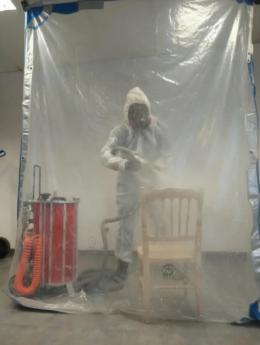 Un professionnel en combinaison de protection intégrale blanche, masque respiratoire et gants, en train de décaper une chaise en bois ancienne à l'aide d'une sableuse à basse pression (aérogommage). L'action se déroule à l'intérieur d'une cabine de confinement temporaire en plastique transparent, maintenue par un cadre bleu. La machine d'aérogommage professionnelle (de type IBIX rouge, visible à gauche) est positionnée à côté. Un jet d'abrasif à basse pression crée un nuage de poussière tandis qu'une section nettoyée et propre commence à apparaître sur le bois, contrastant avec la partie encrassée. De nombreux panneaux décapés sont empilés à proximité, dont certains déjà nettoyés, à côté d'un mur d'un atelier en Belgique. L'image capture la précision du procédé pour la rénovation de boiseries historiques.