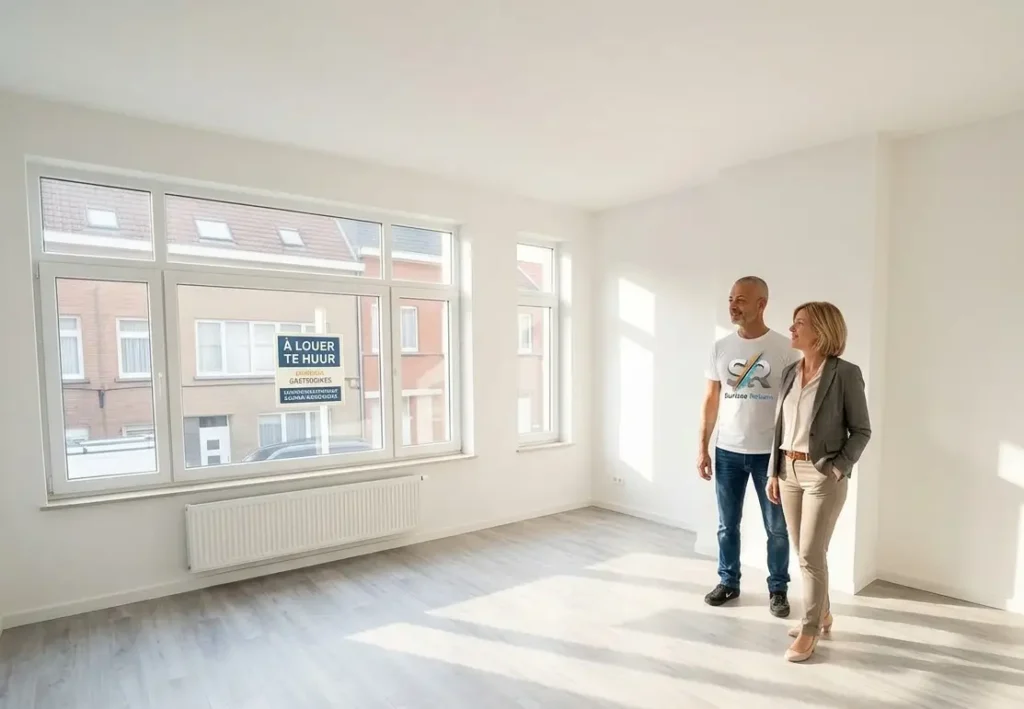 Visite d'un appartement lumineux récemment rénové à louer en Belgique. Un couple de locataires potentiels regarde l'espace vide avec un grand vitrage et un sol stratifié clair. Un panneau "À LOUER / TE HUUR" est visible sur la fenêtre.
