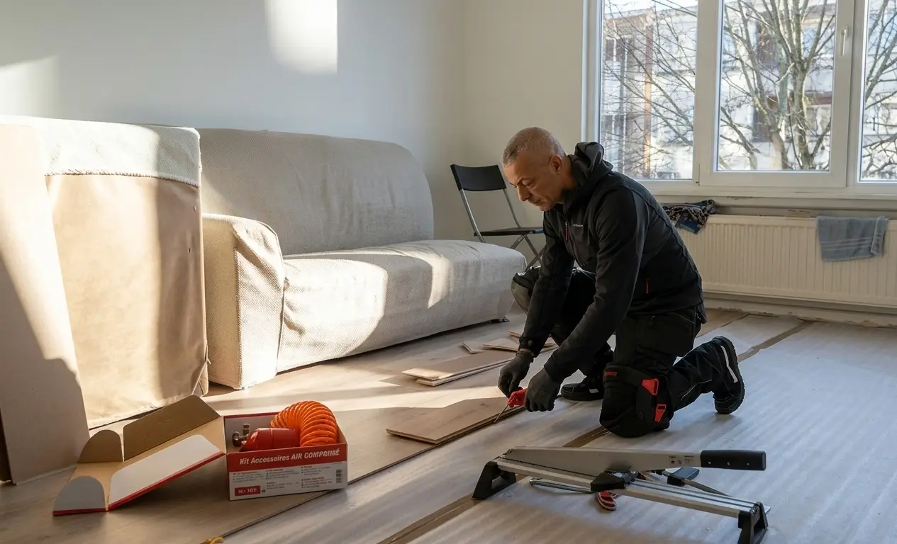 Un artisan agenouillé et équipé de genouillères de protection, en train d'assembler des lames de parquet flottant en bois clair à l'aide d'un maillet et d'une tire-lame dans une pièce lumineuse en rénovation. Un canapé couvert d'un drap et un radiateur sont visibles à l'arrière-plan.
