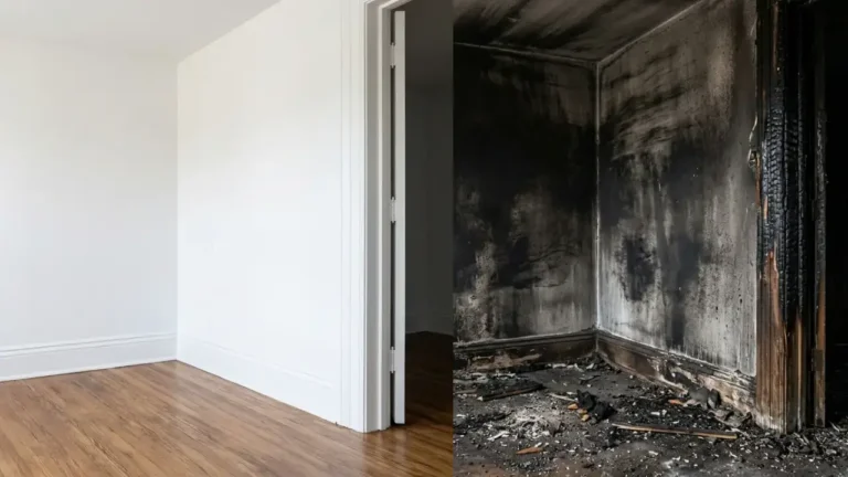 Comparatif avant après incendie : rénovation complète d'une pièce avec nettoyage cryogénique des murs et boiseries.