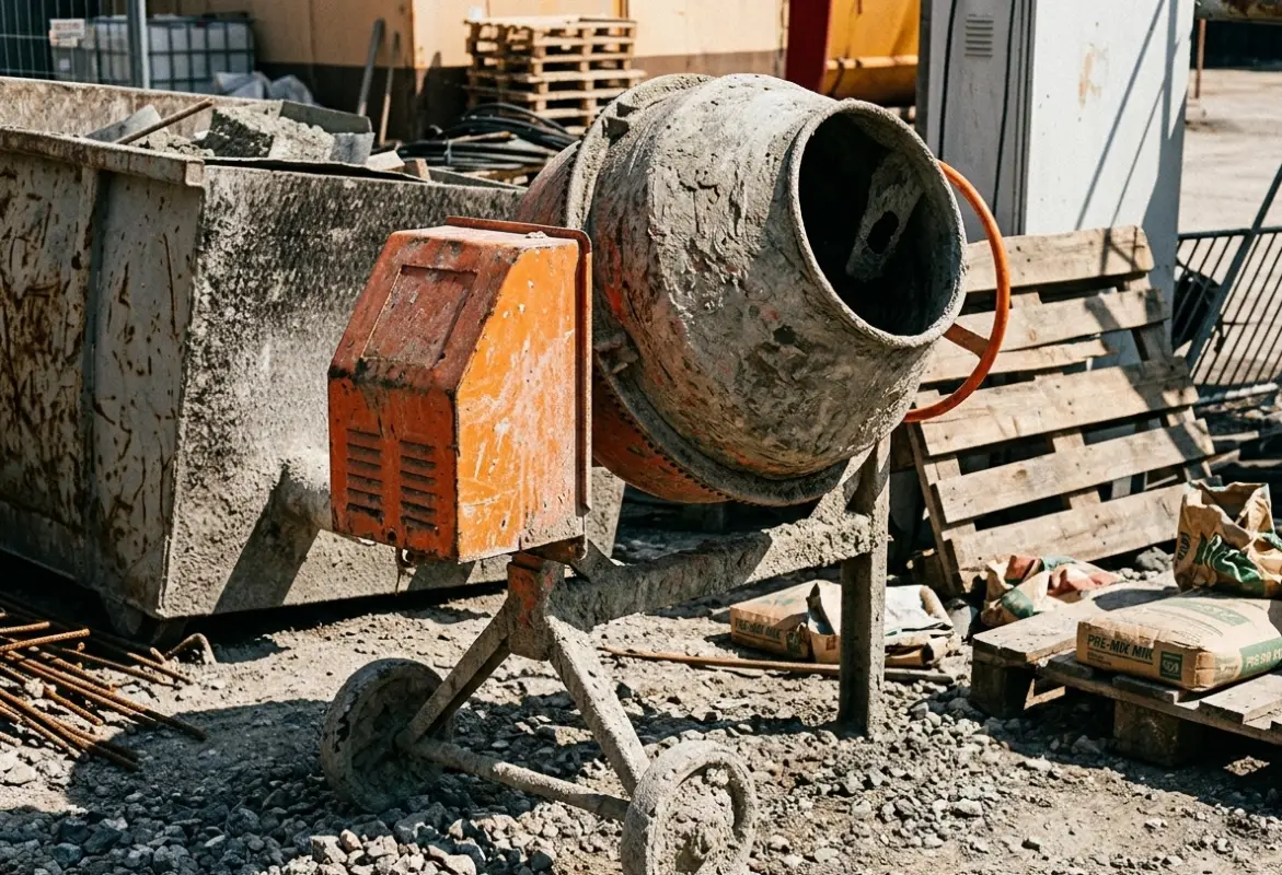 Bétonnière orange couverte de ciment sur un chantier de construction avec des palettes en bois et des sacs de ciment.