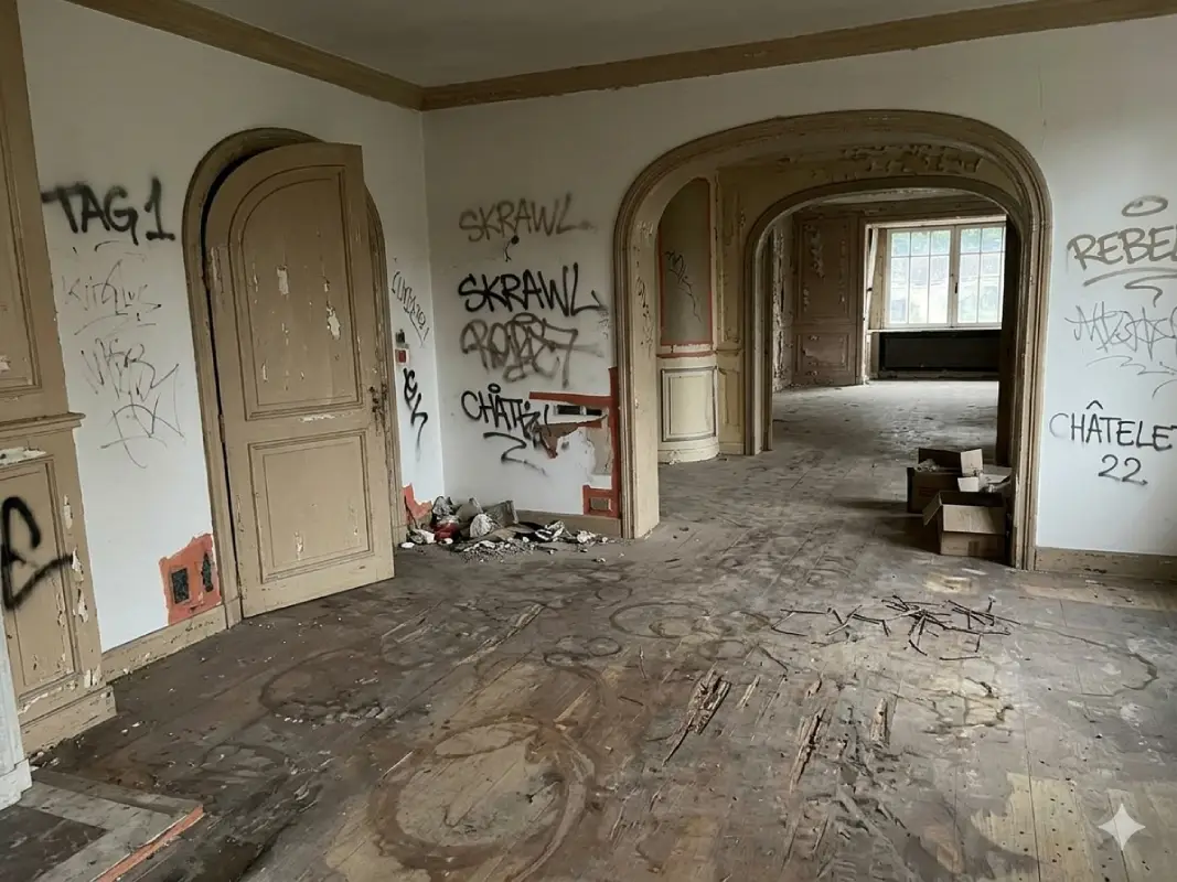 Scène d'intérieur en rénovation avec murs en briques apparentes, graffitis urbains, papier peint déchiré et gravats au sol.