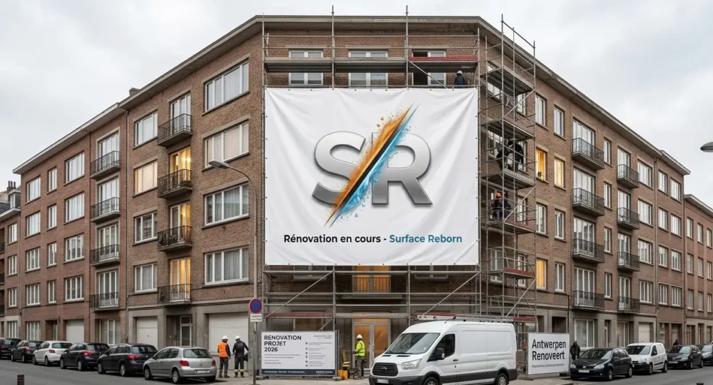 Photographie d'un grand immeuble de rénovation immobilière à Anvers avec une bâche "Surface Reborn" et une pancarte "PROJET 2026". Un camion Ford Transit et des ouvriers sont visibles devant le chantier d'Antwerpen Renoveert.