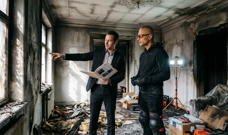 Un expert en assurance en costume et un technicien en tenue de sécurité avec lunettes jaunes examinent une pièce dévastée par un incendie. Le mur est noir de suie et le sol est couvert de débris calcinés.