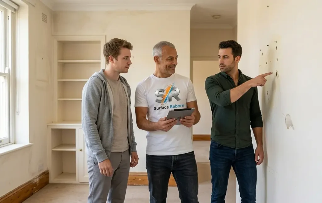 Trois hommes discutant de la rénovation d'un mur endommagé dans une pièce vide, l'un d'eux portant un t-shirt Surface Reborn et tenant une tablette.