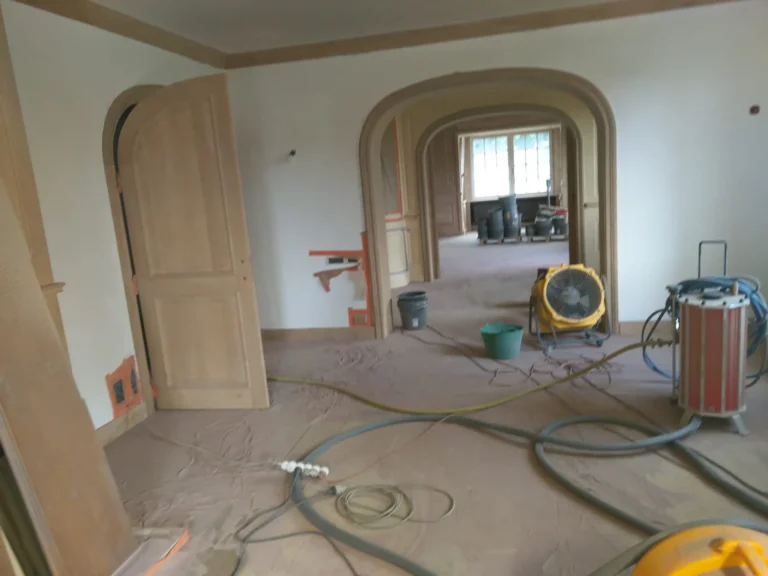 Intérieur de maison de maître en fin de rénovation avec parquet foncé posé, menuiseries en bois massif et murs blancs fraîchement peints.