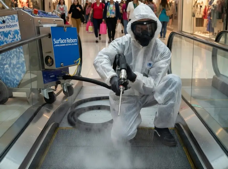 Agent de nettoyage en combinaison jetable utilisant une machine à glace sèche Surface Reborn pour nettoyer un escalator dans un centre commercial.