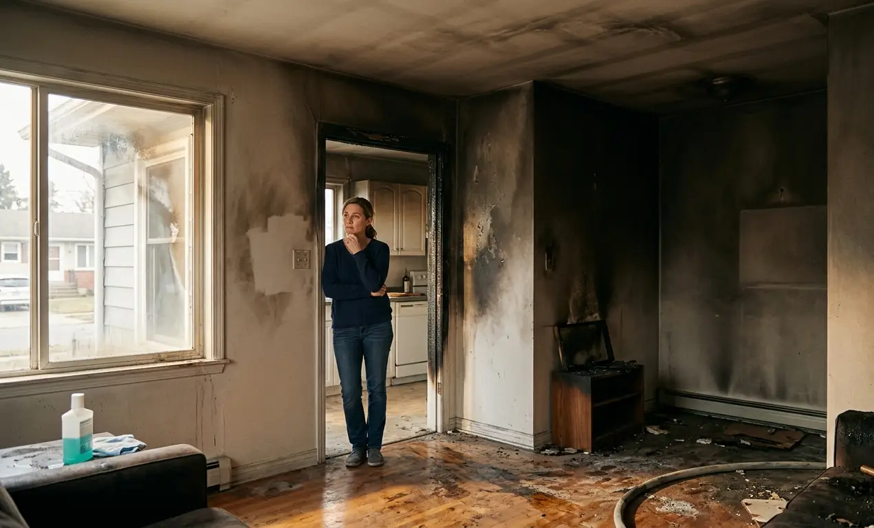 emme regardant les dégâts causés par la fumée et le feu dans son salon en cours de restauration.