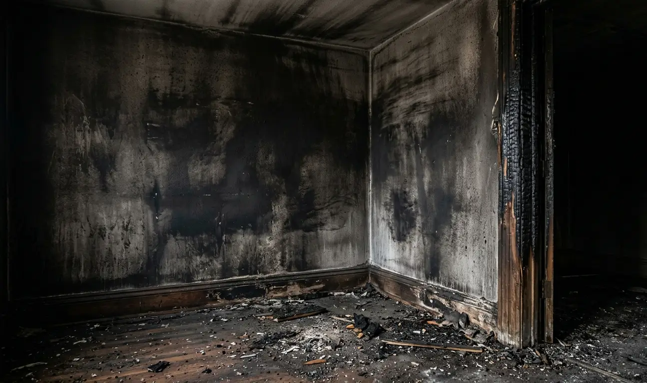 Gros plan d'un angle de pièce avec d'importants dégâts de suie et de fumée sur les murs et le plafond.