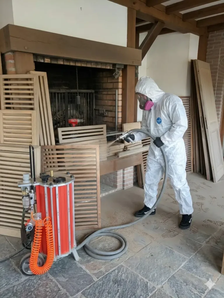 Un professionnel en combinaison de protection intégrale blanche et masque respiratoire, en train de décaper des volets en bois anciens par sablage (aérogommage). L'artisan utilise une sableuse à basse pression (de type IBIX rouge, visible à gauche) avec un jet d'abrasif. Des paires de volets en chêne sont empilées à l'arrière-plan, près d'une cheminée en briques.