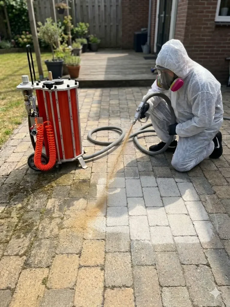 Un professionnel en combinaison de protection intégrale blanche, masque respiratoire et gants, agenouillé en train de décaper des pavés autobloquants en béton sur une terrasse à l'aide d'une sableuse à basse pression (aérogommage). La machine d'aérogommage professionnelle (de type IBIX rouge, visible à gauche) est positionnée à côté. Un jet d'abrasif à basse pression crée un nuage de poussière tandis qu'une section nettoyée et propre commence à apparaître sur les pavés, contrastant avec la partie encrassée. L'arrière-plan montre une terrasse en bois et un mur en briques d'un atelier en Belgique. L'image capture la précision du procédé pour la rénovation de surfaces extérieures.