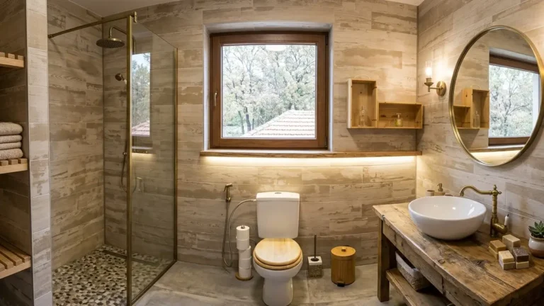 Vue panoramique d'une salle de bain moderne et rustique en bois et pierre, avec douche à l'italienne, meuble vasque en bois massif et abattant de WC en bois.