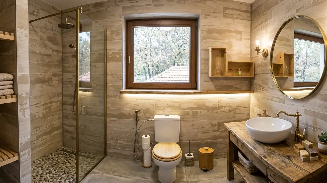 Vue panoramique d'une salle de bain moderne et rustique en bois et pierre, avec douche à l'italienne, meuble vasque en bois massif et abattant de WC en bois.