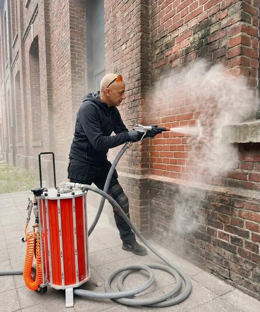 Technicien de Surface Reborn décapant un mur en briques d'un bâtiment industriel par aérogommage. Une machine d'aérogommage professionnelle rouge est visible sur la gauche.