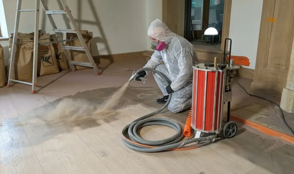 Technicien de Surface Reborn décapant un plancher en bois de chêne massif par aérogommage dans une pièce en rénovation, équipé d'une combinaison, de gants et d'un masque. Une machine d'aérogommage professionnelle IBIX rouge est visible à droite.