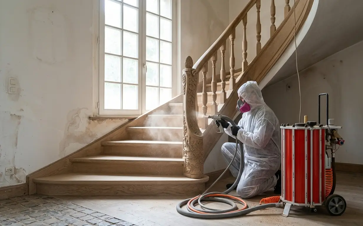 Technicien de Surface Reborn en combinaison de protection et masque, décapant un escalier historique en bois de chêne sculpté par aérogommage. Une machine d'aérogommage IBIX rouge est visible à droite.