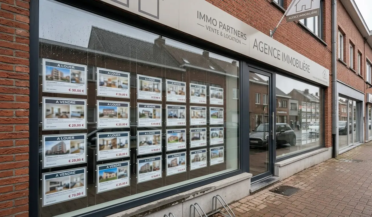 Façade d'une agence immobilière "Immo Partners" avec de nombreuses affiches de biens "À LOUER" et "À VENDRE" en vitrine, située dans une rue commerçante en Belgique.