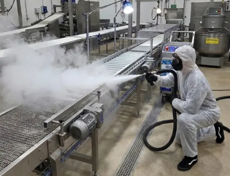 Un technicien utilise une machine de nettoyage cryogénique Cryonomic et un bras robotisé pour nettoyer une chaîne de production en acier inoxydable dans une usine agroalimentaire certifiée HACCP.