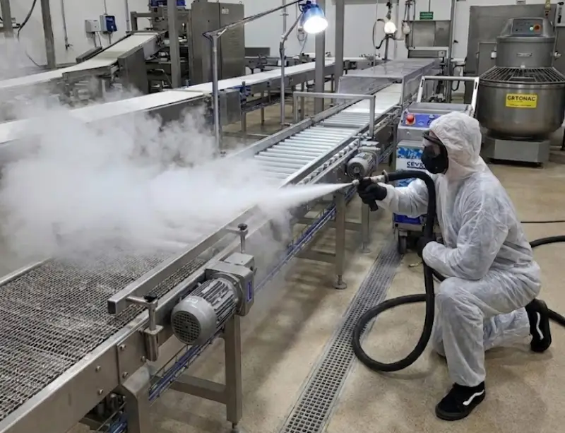 Un technicien utilise une machine de nettoyage cryogénique Cryonomic et un bras robotisé pour nettoyer une chaîne de production en acier inoxydable dans une usine agroalimentaire certifiée HACCP.